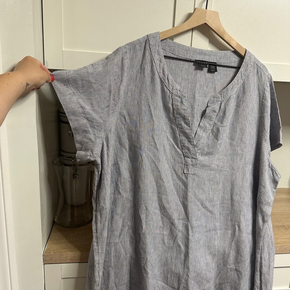 Tahari Linen Shift Dress Women 2X Blue White Striped V-Neck Short Sleeve Coastal - Picture 8 of 11